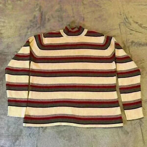 Talbots Women’s Medium Cotton Red Black White‎ Striped Mock Turtleneck Sweater